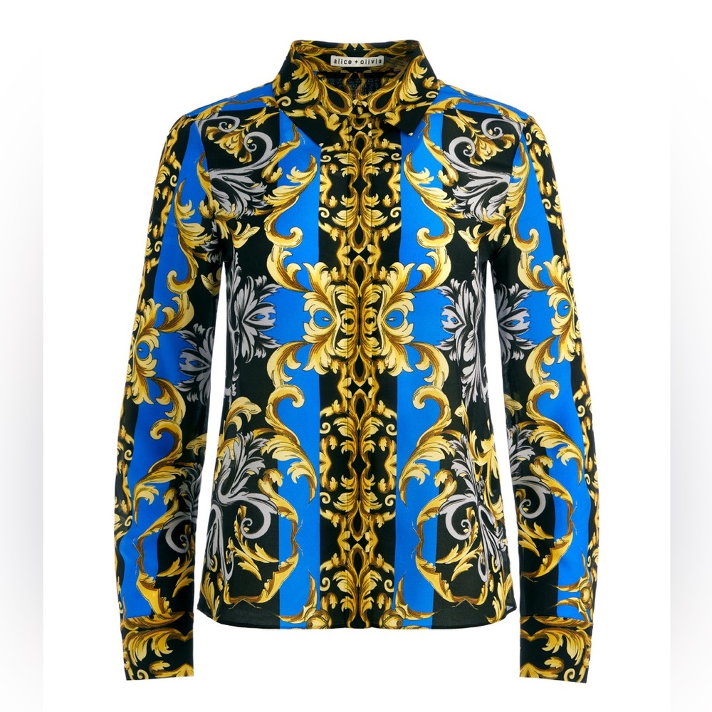 Alice + Olivia Willa Placket Top in Regal Romance Sapphire XS